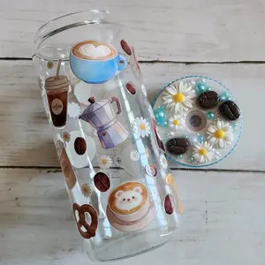 Coffee Lover's 20 oz Glass Cup with Adorable Coffee-themed Designs and a Decorative Matching Lid