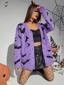 Punk Halloween Bat Pattern Drop Shoulder Cardigan Fall Winter Cloth for women