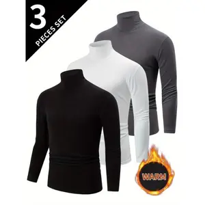 3pcs Men's Thermal Long Sleeve High Neck Turtleneck Sweaters - Thick Warm Winter Layering Shirts, Slim Fit Fleece-Lined Casual & Formal Outfits, Solid Black/White/Gray (Hand Washable) - Ideal for Office, Semi-Formal & Casual Attir