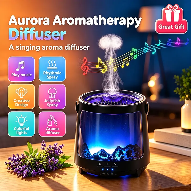 Ultrasonic Essential Oil Diffuser - Compact Humidifier with Jellyfish Mist, Colorful Lights, Aurora & Flame Effects, Wireless Music, Built-in White Noise, Timer, Aromatherapy Machine for Home Bedroom Decor & Gifts