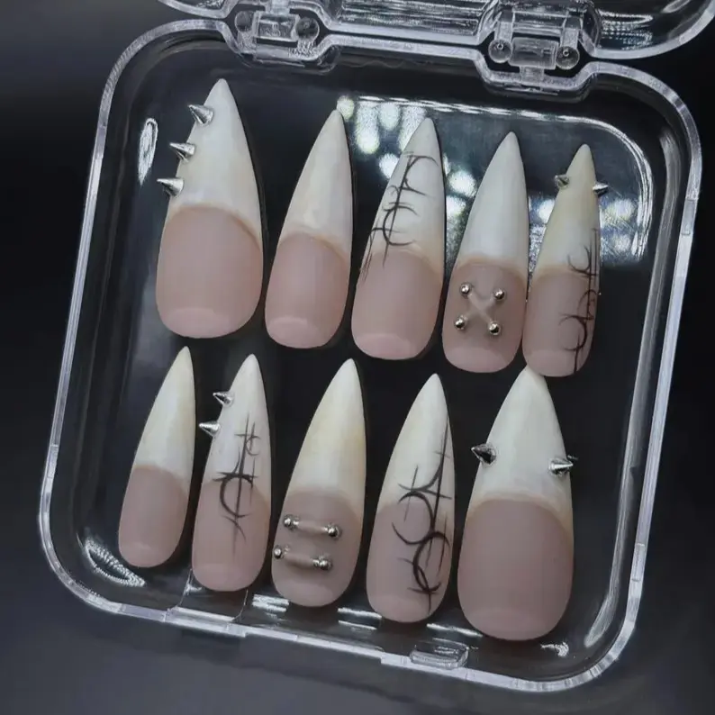 White Goth French Tip Press On Nails, Alternative Punk Nails, Silver Stud Piercing Nails, Y2K Edgy Stiletto Nail Set
