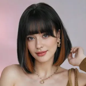 12 Inch Short Bob Straight Synthetic Wigs with Bangs Black Brown Mix Hair Wigs for Women Daily Cosplay Party Wigs Heat Resistant Short Wigs For Women Daily Wear Cosplay, Party Use Beginner Friendly