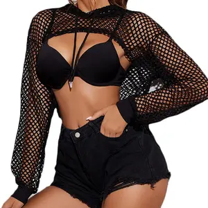 Avidlove Mesh Crop Top Hoodie Rave Tops For Women Long Sleeve Fishnet Shirt for Festival Club Party