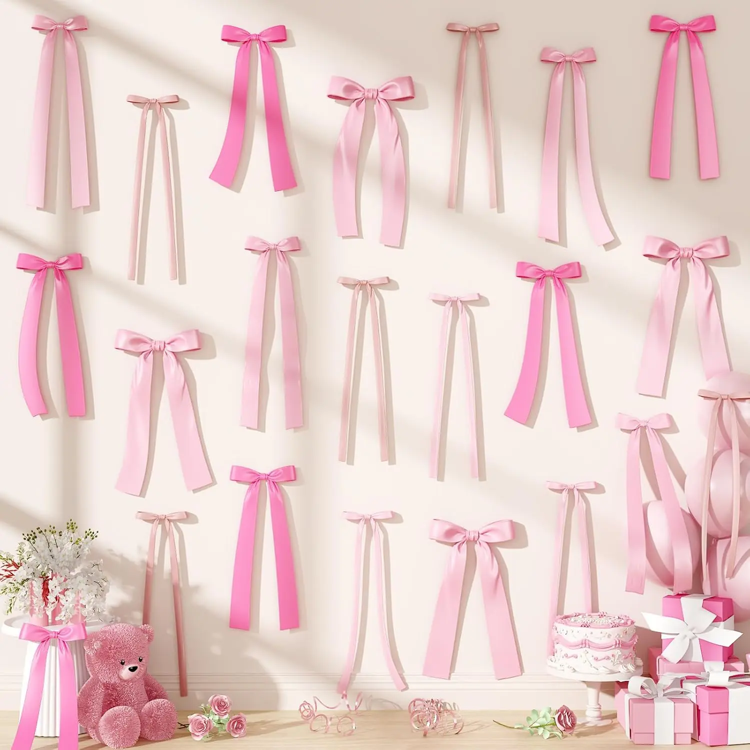 Bow Birthday Decorations, 40 count Dusty  Bow Wall Decor DIY Ribbon Satin Bows Garland Photo Backdrop for Women Girl  Bachelorette  Bridal Shower Room Bedroom Wedding Party Decor