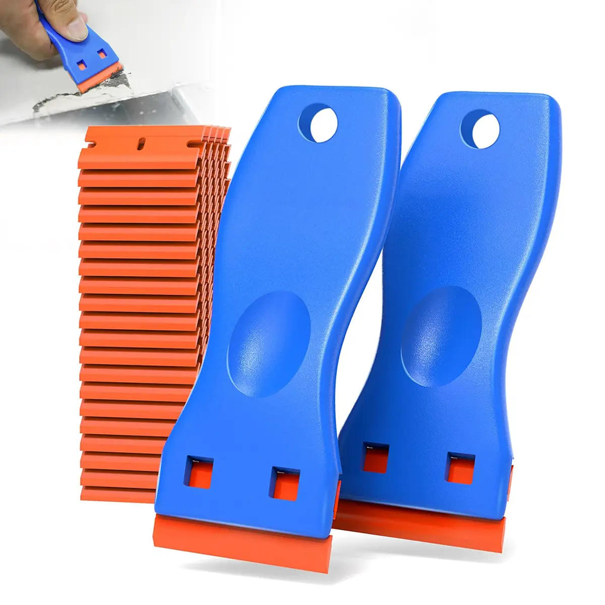 2 Pcs Plastic Razor Blade Scraper and 100 Pcs Blades Forwithout Scratches Household Cleaning Tool for Kitchen Appliances Stickers and Paints on Window