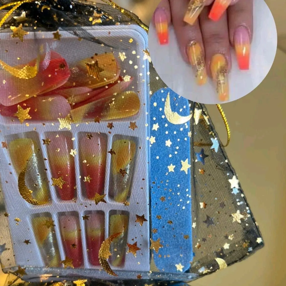 IMSOHOT 24Pcs Coffin Press on Nails Long Gradient Yellow Fake Nails Ballerina Glossy Glitter False Nails Full Cover Stick on Nails Acrylic Nails for Women