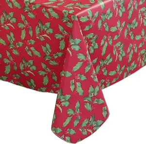 SASTYBALE Christmas Tablecloth Rectangle Vinyl Flannel Backing, Floral Holly & Berry Print Waterproof Plastic Heavy Table Cloth for Dining, Buffet Party & Outdoor Decorations, Red Ornaments Flower