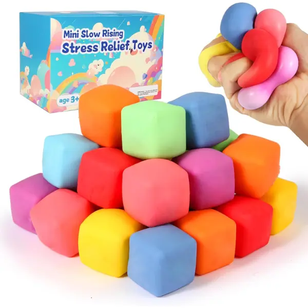 24 Pack Slow Rising Stress Cubes & Squishy Fidget Toys Soft Dough Stress Balls for Kids Anxiety Relief Stretchy Sensory Toys for Classroom Prizes Party Favors Gift Toys for Boys & Girls Ages 3+