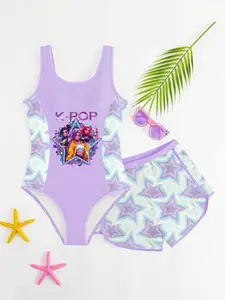 Girls' K-Pop Sweet Cool Style Two-Piece Swimsuit, Gradient Star Print Tank Top + Shorts Set, Casual Fitted Swimwear