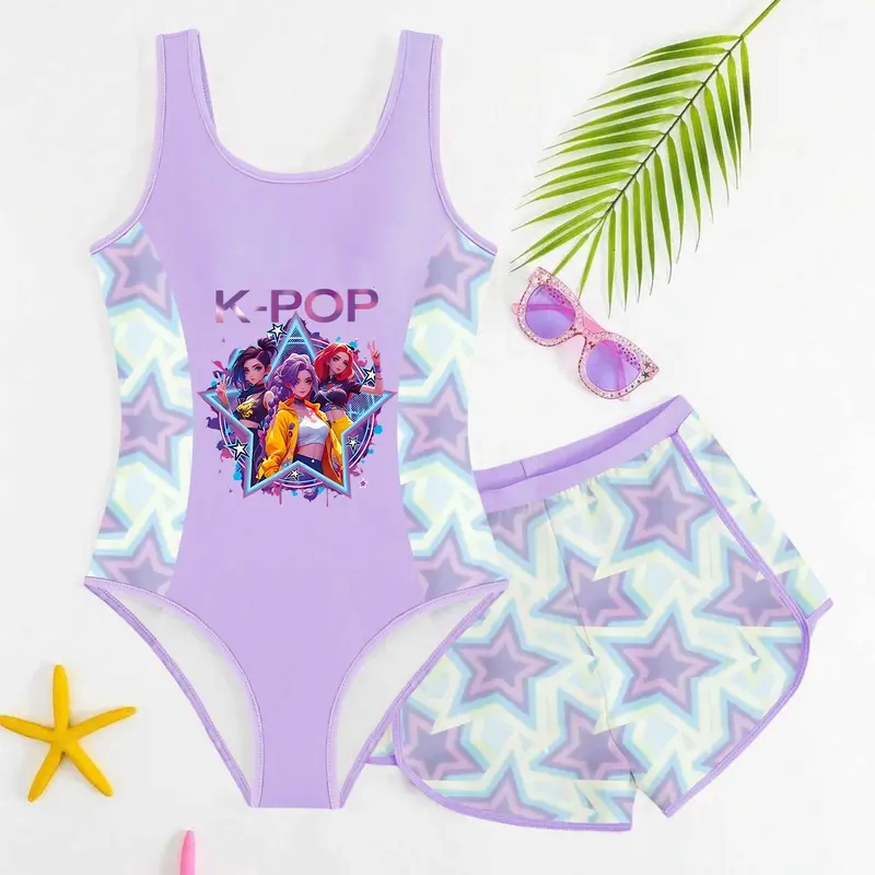 Girls' K-Pop Sweet Cool Style Two-Piece Swimsuit, Gradient Star Print Tank Top + Shorts Set, Casual Fitted Swimwear Outfits, Swimsuit With Shorts