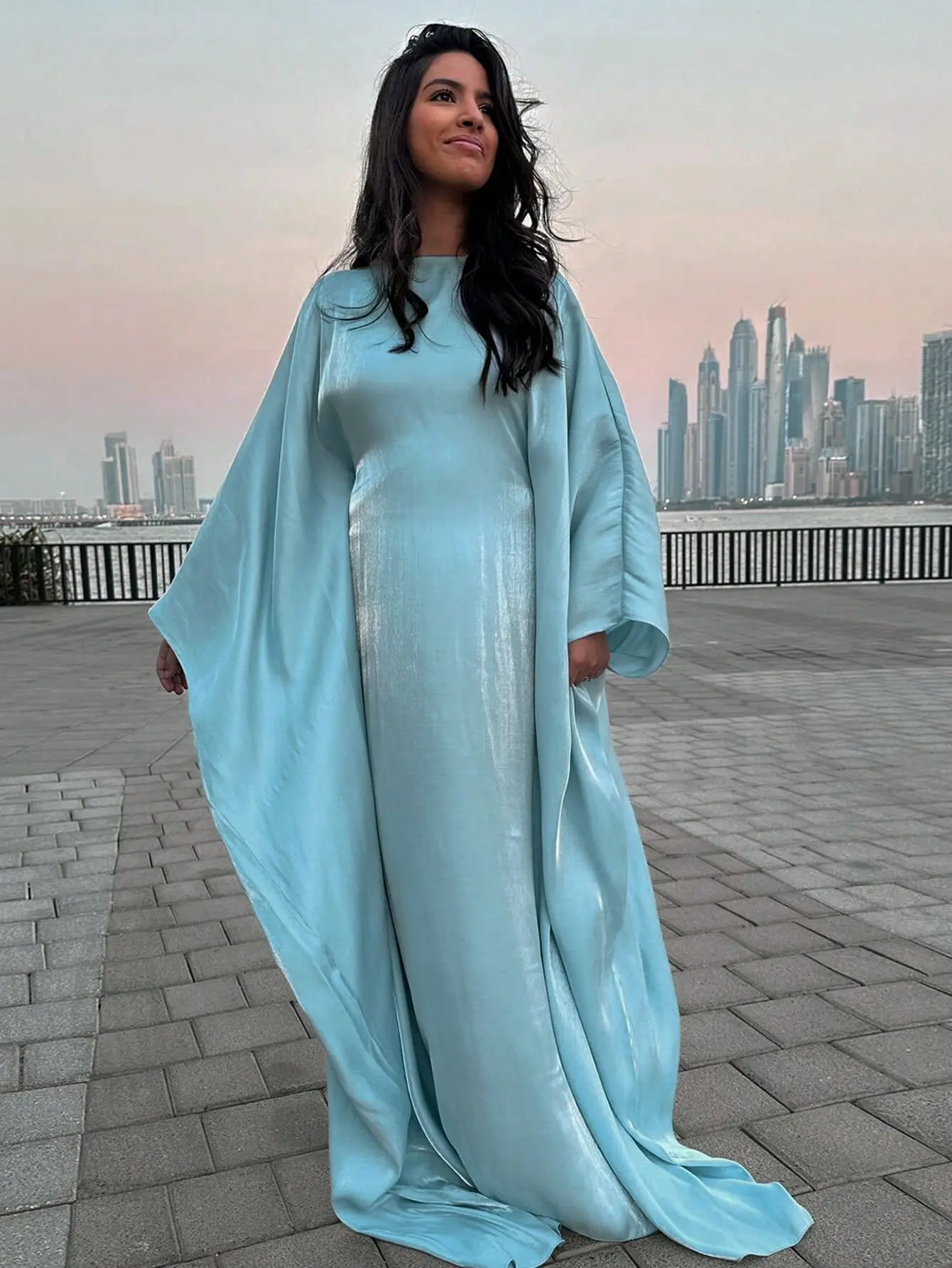 MQ106(1‑Piece Shiny Turquoise Satin Batwing Sleeve Abaya, Luxury Evening Modest Muslim Maxi Dress)