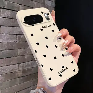Rounded Edge Phone Case for Google Pixel 10 9 XL 8 7 Pro A Black Heart Pattern Anti-Scratch Shockproof Soft Liquid Silicone Protective Cover Smartphone Casing