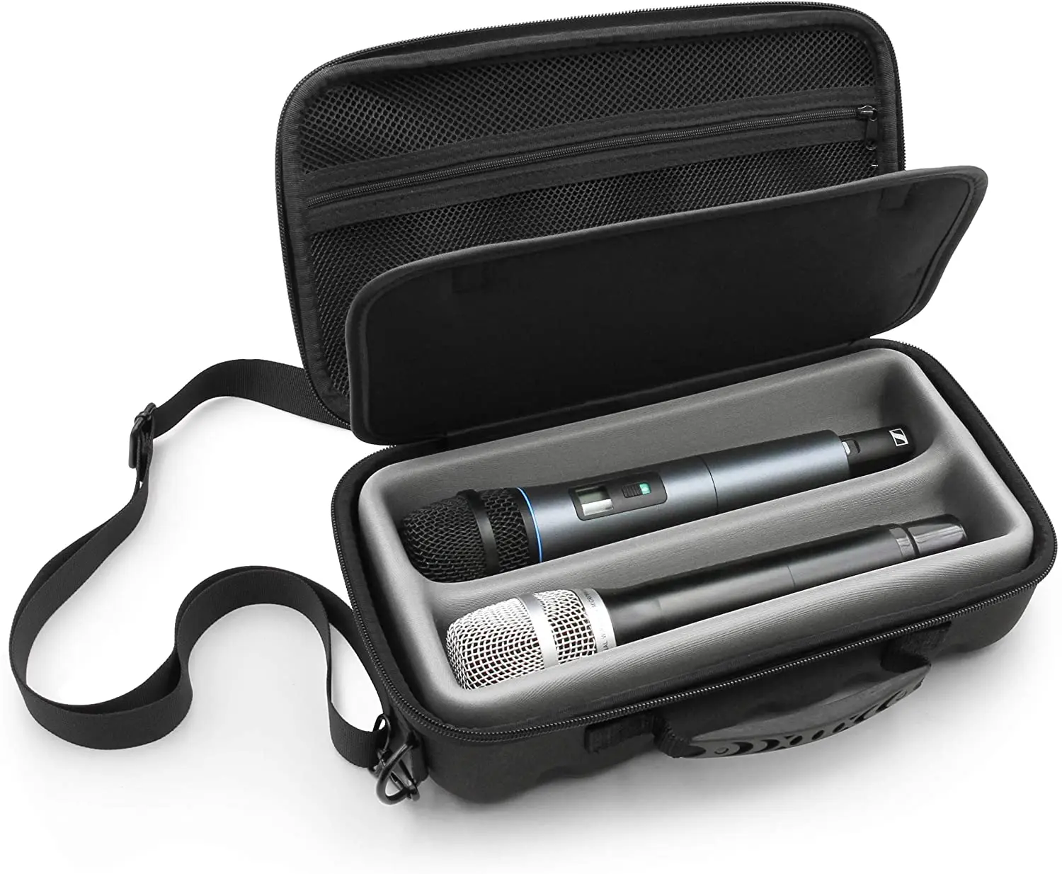 CASEMATIX Dual Wireless Microphone Case with Adjustable Strap & Rubber Handle for Sennheiser, Shure & More - Metal Protection, EVA Exterior, Secure Organization