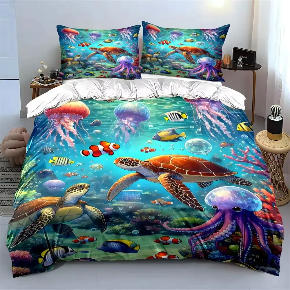 Oceanic Dreams Bedding Set with Sea Life Including Turtles Jellyfish and Octopus Duvet Cover Sets 3 Pieces, Luxury Soft Bedroom Comforter Cover Home Decor (1 Duvet Cover + 2 Pillowcase)