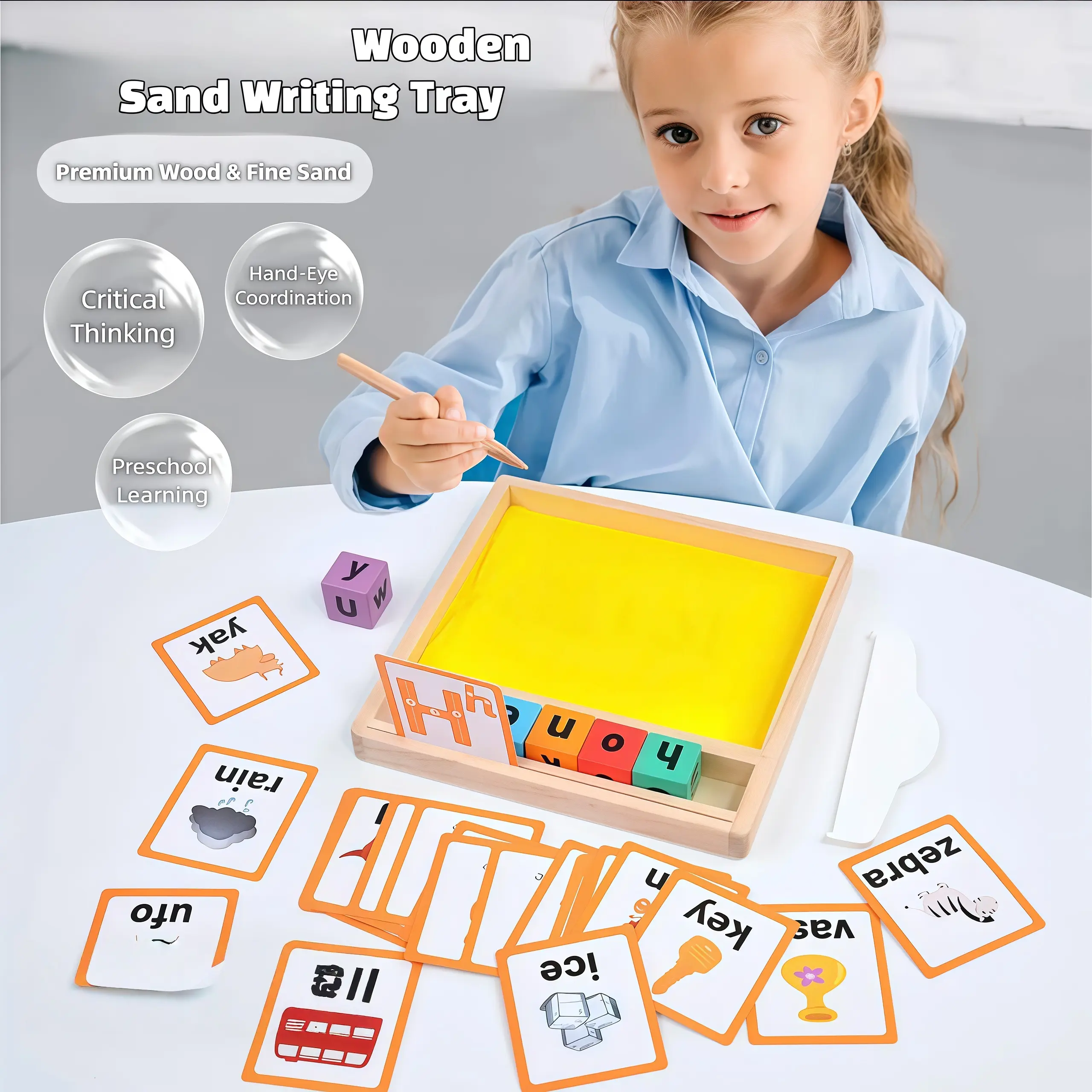 Solid Wood Sand Writing Tray for Kids with Alphabet Cards - 3-8 Years Alphabet Learning Toy, Hand-Eye Skill Builder, Sensory Toy for Autism, Homeschool Preschool Essential, Birthday Gift Ideas, 31 Illustrated Word Cards