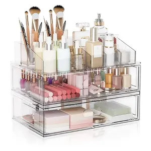 Clear Stackable Makeup Organizer with Drawer 12''W Acrylic Storage Drawers for Vanity Bathroom Countertop Beauty Holder for Lipstick Brush Skincare Perfume Space-Saving Solution