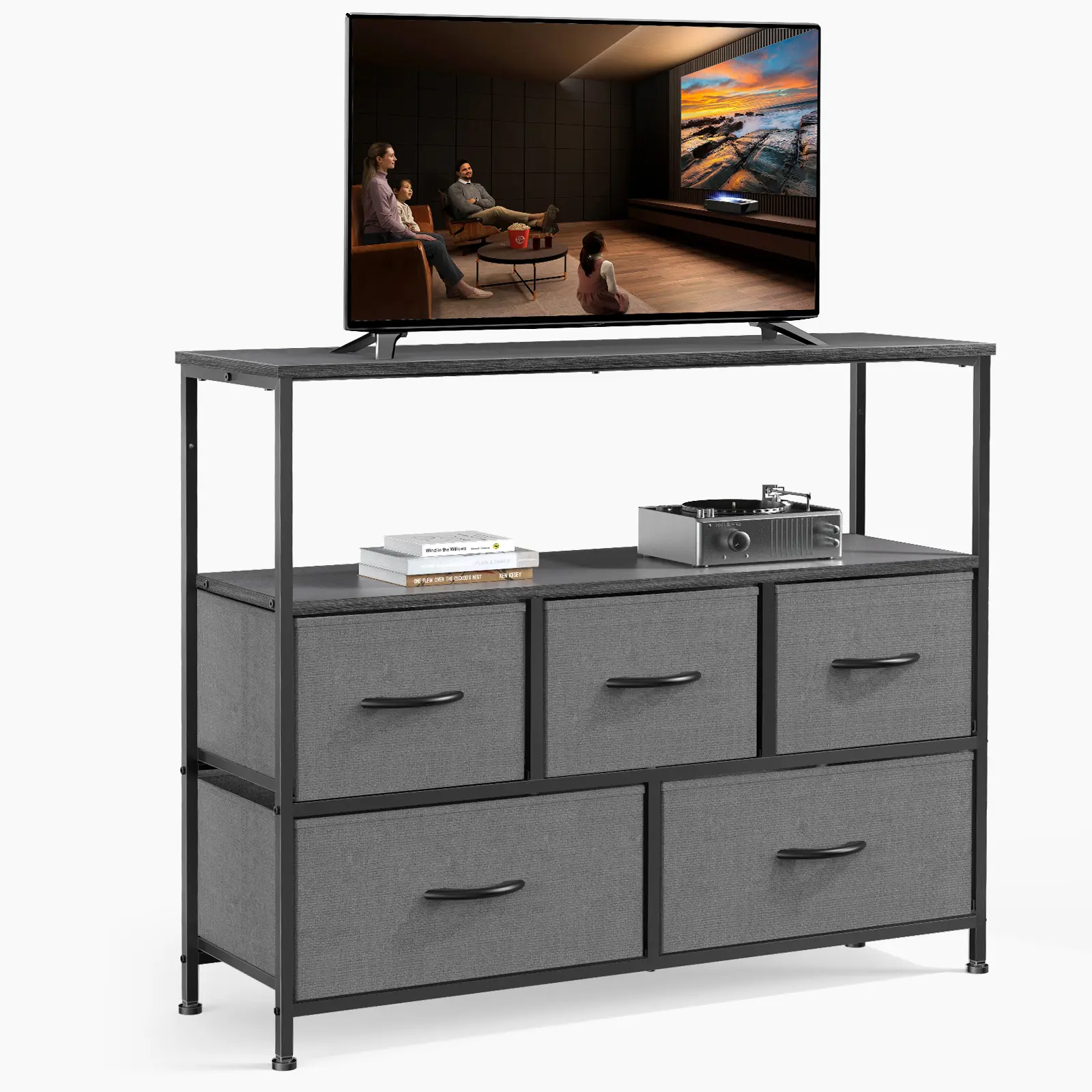 Sturdy 5-Drawer Indoor Furniture TV Stand - Dorm Media Console for 45-in Television, Open Shelf, Adjustable Ft, Power Storage, Organize Unit, Assembly Required - Living Room/Bedroom Entertainment Center