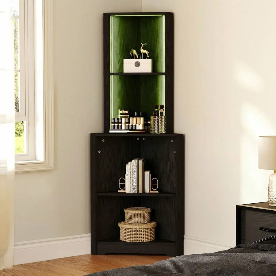 Stable 5-Tier MDF Wood Corner Shelf with LED Lighting - Rustic Adjustable Mountable Multifunctional Storage Rack, Farmhouse Home Supplies (37 lbs Capacity, Assembly Required) for Kitchen/Bedroom, Floor Mount Option,cabinet,shoe,display,front,cub,removable