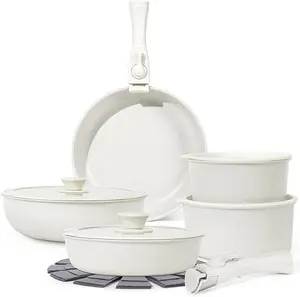 15Pcs Pots and Pans Set Non Stick, Cookware Sets with Detachable Handle, Nonstick RV Kitchen Cooking Tools Removable Handles, Oven Safe, Induction Fast, Stackable Induction Cookware, White