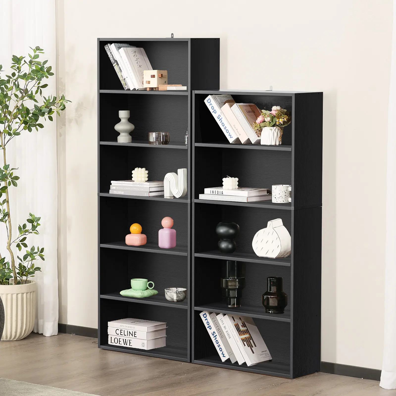 Rustic Industrial 5-Tier (53") & 6-Tier (63") Solid Wood Bookcase - Extra Tall Storage Shelf with Anti-Tip Design for Home Office, Living Room, Bedroom - Durable & Stylish in Black & Rustic Brown