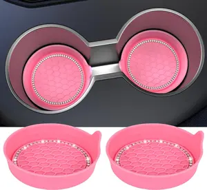 Car Cup Coaster Universal Non-Slip Cup Holders Bling Crystal Rhinestone Car Interior Accessories 2 Pack Peach Pink