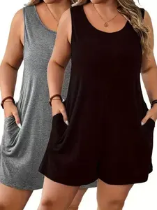Women's 2026 Summer Solid-Color Jumpsuits & Rompers - Sleeveless, Wide-Leg, Shorts with Pockets, Plus Size, Comfortable, Fitness, Elegance, Beachwear, Everyday Womenswear Overalls