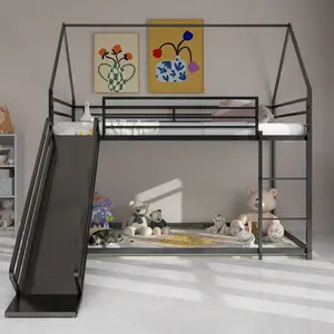 Twin Over Twin Bunk Bed with Slide for Kids Bedroom, House Shaped Bedframe w/Ladder,No Box Spring Needed & Easy Assemble    RR