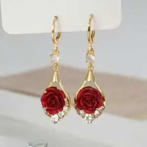 Rose Drop Earrings 14K Gold Plated Sparkling Crystal Tassel Design Chic Elegant Fashion Jewelry Water Drop Earrings for Women 2025