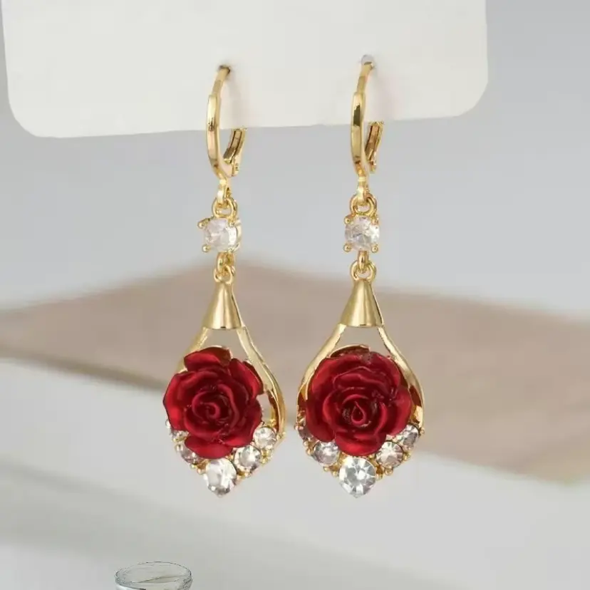 Rose Drop Earrings 14K Gold Plated Sparkling Crystal Tassel Design Chic Elegant Fashion Jewelry Water Drop Earrings for Women 2025