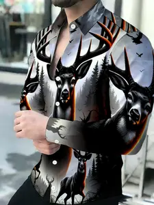 Men's Breathable Collared Long Sleeve Deer Print Shirt