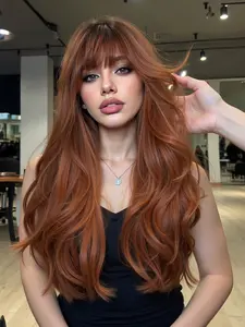 Women's Straight Bangs Long Curly Hair Wig, Natural Daily Wear Synthetic Fiber Full Head Covering for Women, Synthetic Material Wigs