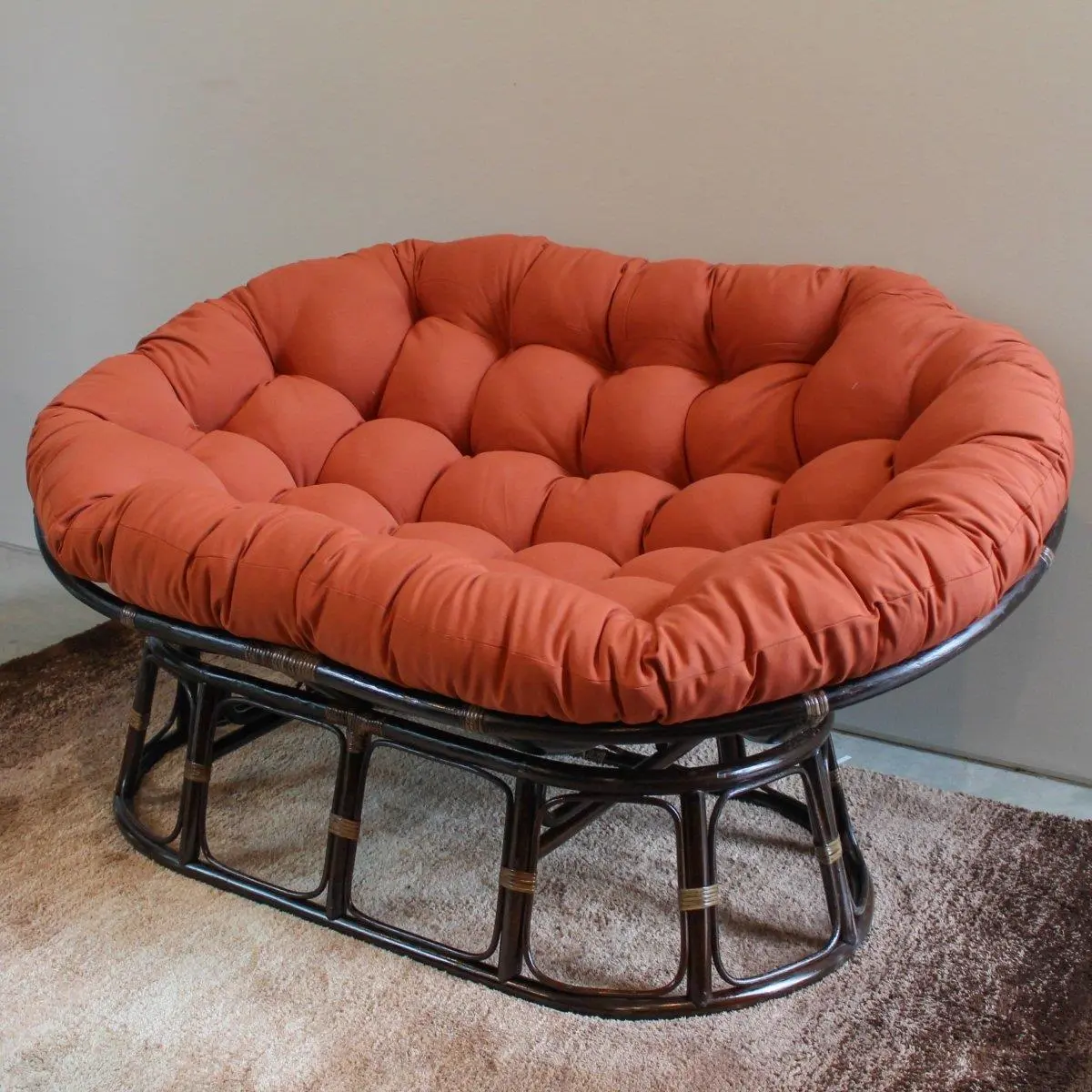 212 MAIN Outdoor Rattan Double Papasan Chair Furniture - Rattan Frame, Tufted Twill Fabric Cushion, Bohemian Style, 63x45 in, Spice Red