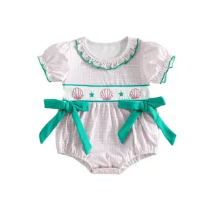 Infant Baby Girl Plaid Romper Summer Cute Seashell Embroidery Short Sleeve Jumpsuit 0-18 Months