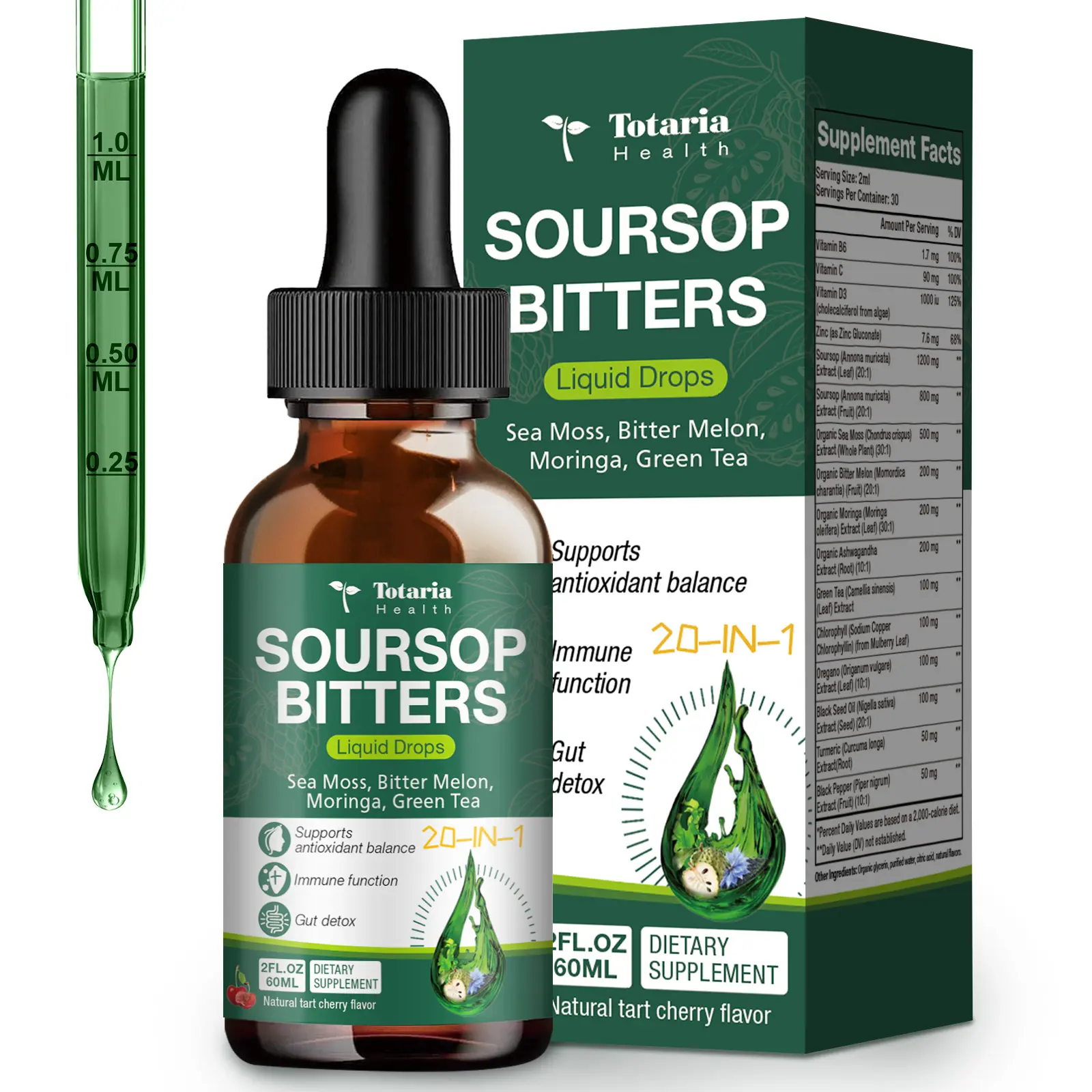 Totaria Soursop Bitters Liquid Drops 20 in 1 - Sea Moss, Bitter Melon, Moringa & Green Tea Blend for Immune, Gut & Antioxidant Support - 2 fl oz Vegan Herbal Drops Tart Cherry