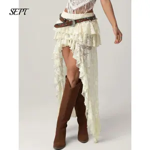 Women's Floral Lace Boho Maxi Skirt Drop Waist Ruffle Sheer Mesh Cowgirl Vacation Skirt