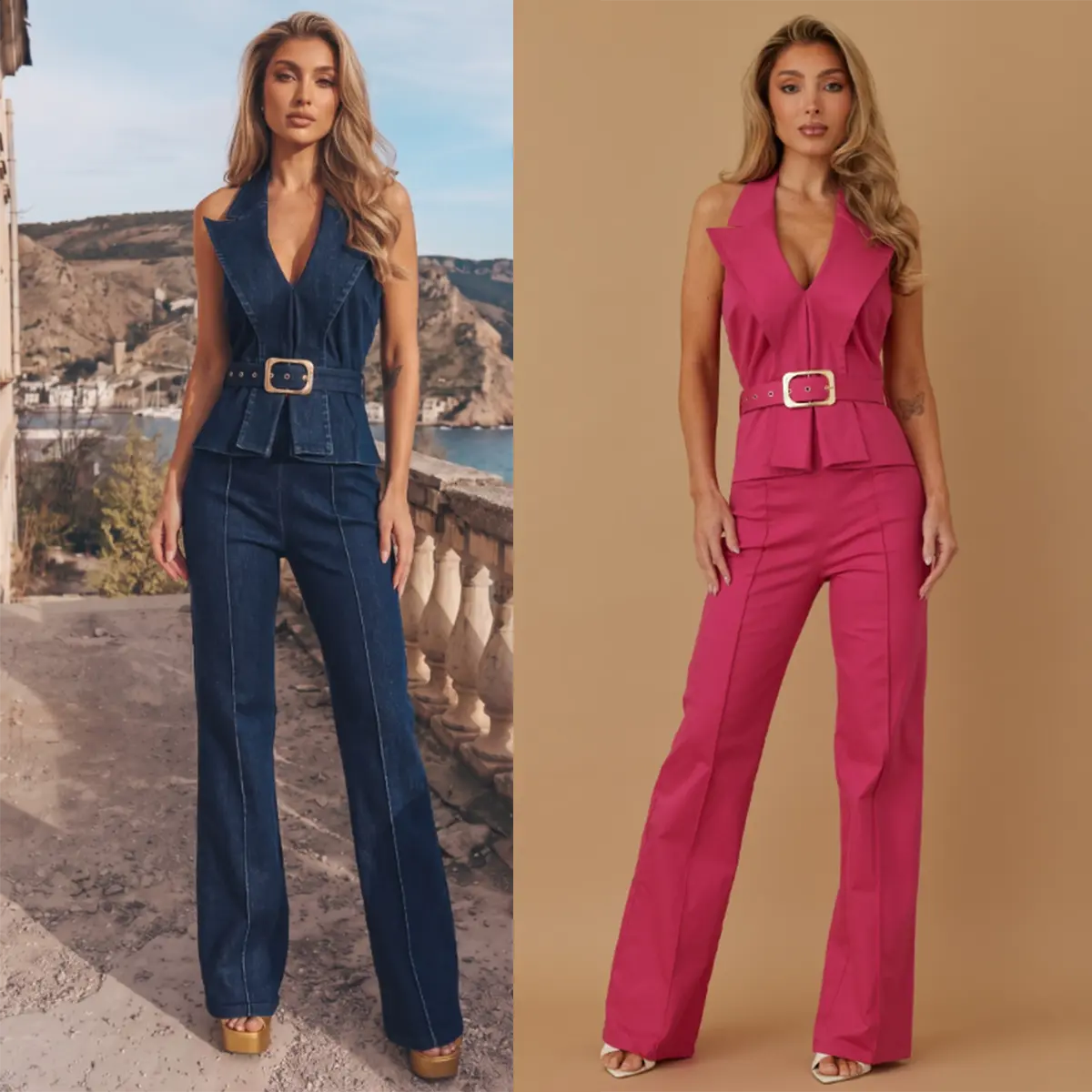 Elegant Denim & Pink Jumpsuit with Belted Waist and Flared Legs for Women