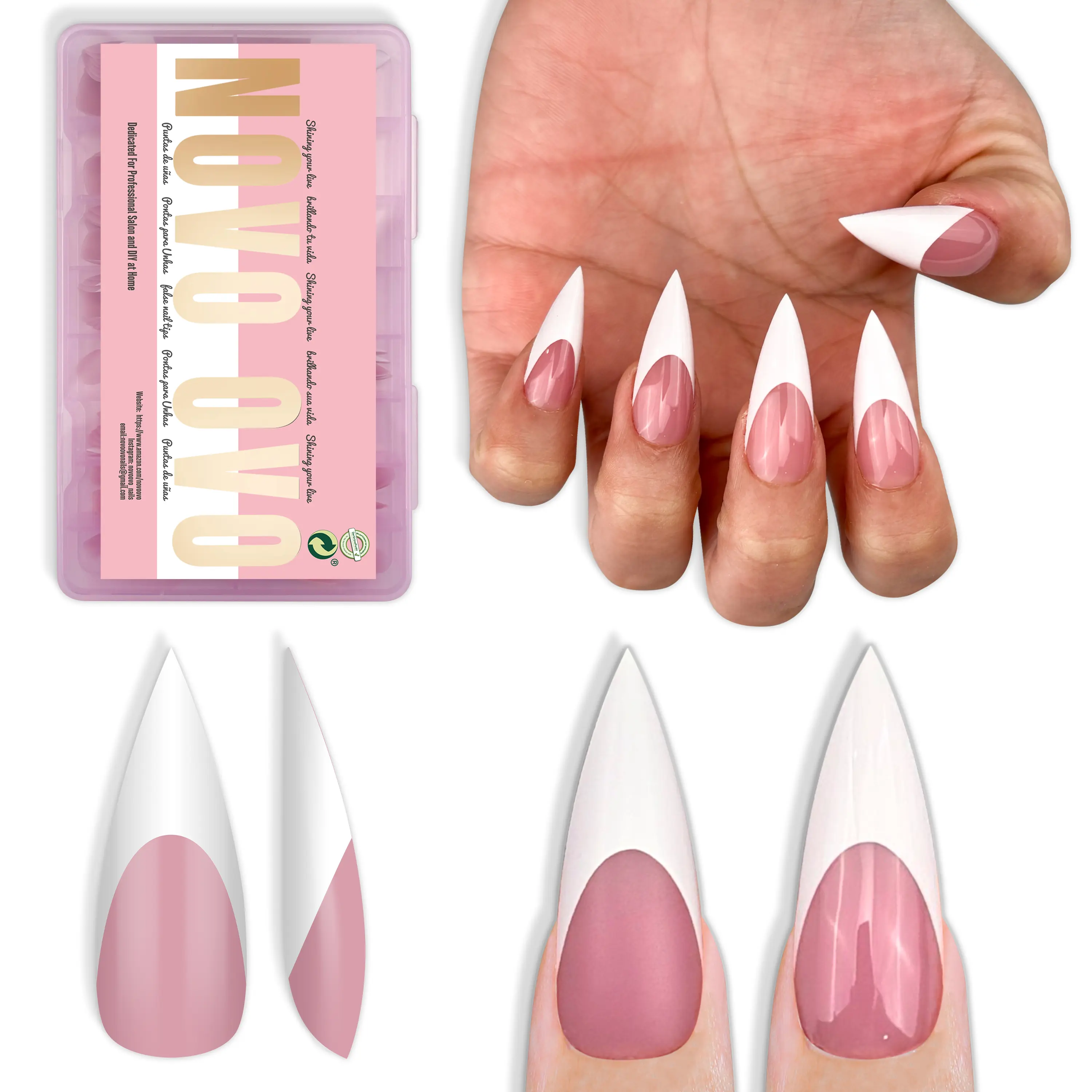 NOVO OVO Press on Nails, Soft Gel French Tip Stiletto Acrylic Nail Tips, Full Cover Medium Long with Berry Pink Base, 160 Pcs, 16 Sizes, Stylish Acrylic Nails