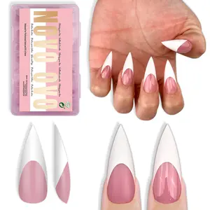 NOVO OVO White French Tip Sharp Stiletto Pointed Medium Long Nail Tips Press on Berry Pink, Soft Gel Fake Acrylic Extension, Full Cover False Nails for Salon DIY x 16 Sizes 160 pcs【NO GLUE TOP COAT AND LAMP INCLUDED】