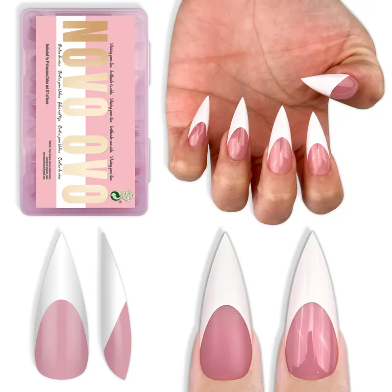 NOVO OVO Soft Gel French Tip Stiletto Press-On Nails, Full Cover Medium-Long Stick-On Berry Pink Base Frenchtipnails, 160 Pcs, 16 Sizes, Chic Nail Supplies