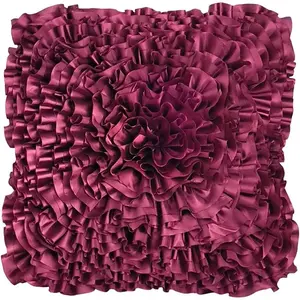 Plum Burgundy Ruffle Decorative Throw Pillow Covers 18x18 Inch for Bed Sofa Couch,   Faux Silk Accent Pillow case, Boho Living Room Decor