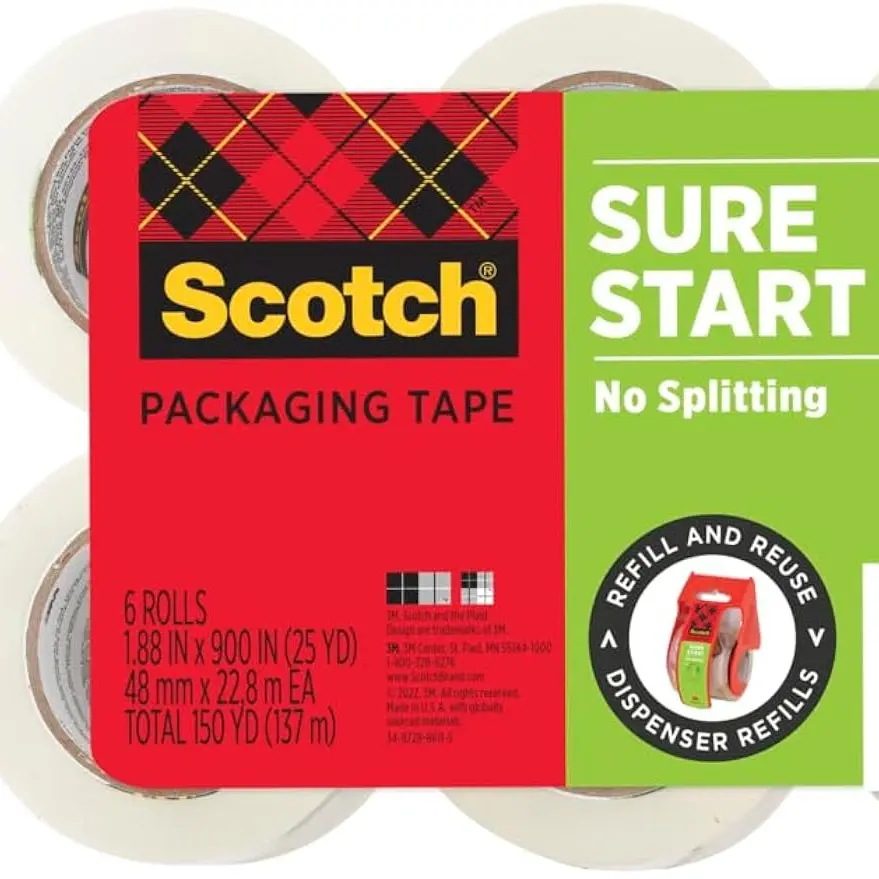 Shipping Packaging Tape, 1.88" x 25 yd, Designed for Packing, Shipping and Mailing, No Splitting or Tearing, 1.5" Core, Clear, 6 Rolls
