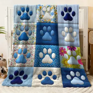 Flannel Blanket with Cute Paw Print & Floral Patchwork Design, Soft Cozy Warm Throw Blanket for Bed Couch Sofa, All - Season Comfortable Blanket Ideal for Pet Lovers
