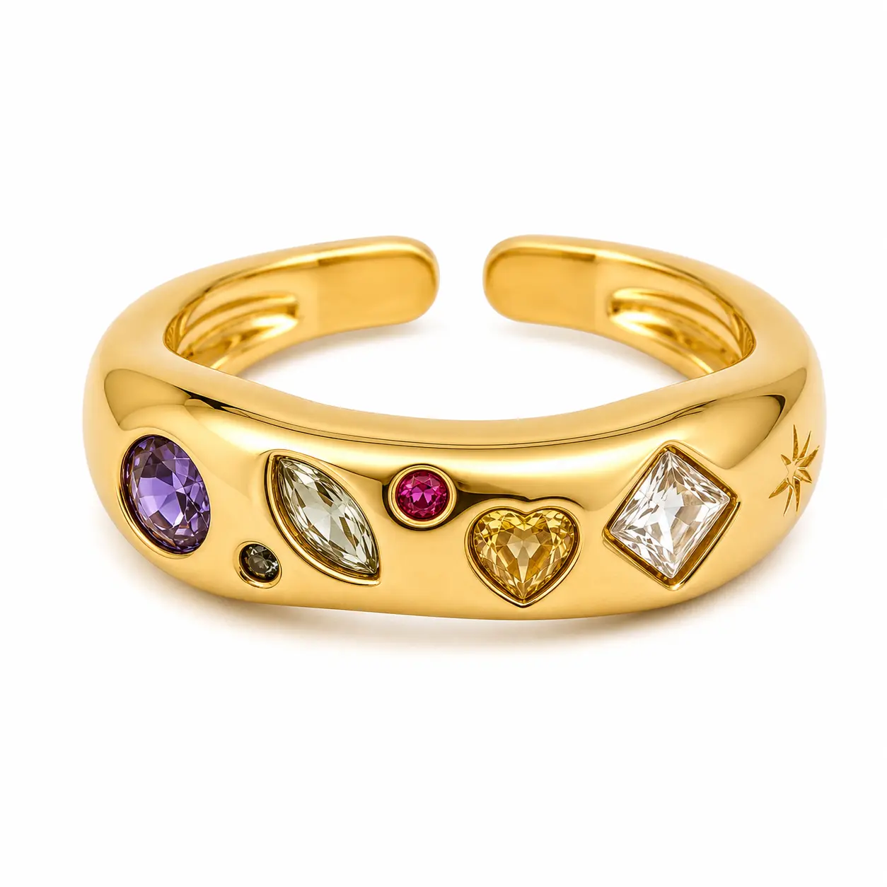 Women's 18K Gold Plated Funky Candy-Inspired Ring - Adjustable Open Band, Irregular Colorful Zircon Statement Jewelry, 2.9g Gift for Anyone Who Loves Playful Jewelry (Brunch Ready)