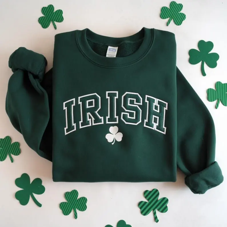 Embroidered Irish Crewneck Sweatshirt, St Patrick’s Day Shirt, Minimal Green Holiday Top