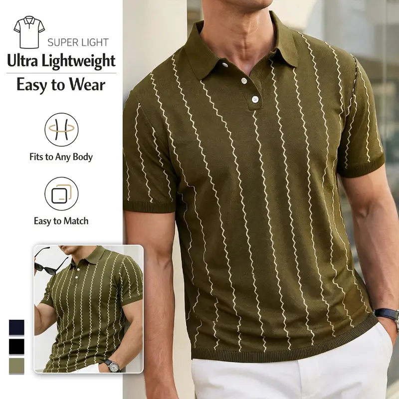 Men’s casual polo shirt with a turn-down collar and short sleeves. Wrinkle-resistant, wear-resistant, lightweight, breathable fabric with wavy stripe design. Light-adult professional style; comfortable for everyday commuting and home wear. A must-have for
