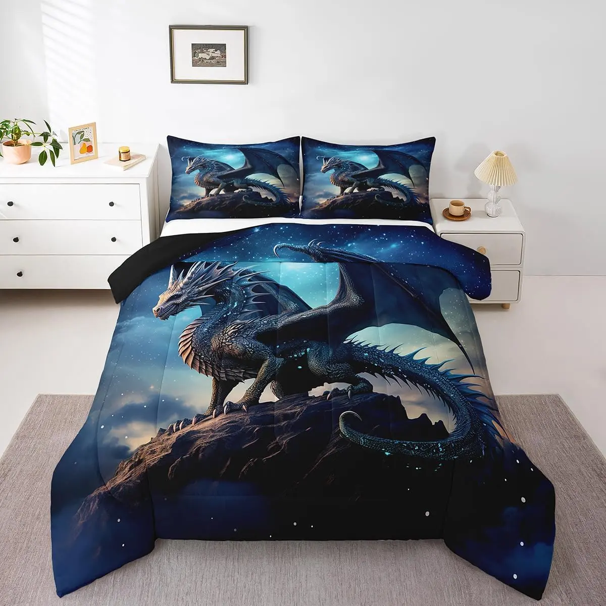 Feelyou Multi-Size Breathable Fabric Blanket Bedding Set - 3D Print Dragon Pterosaur Duvet Insert, Blue Galaxy Starry Sky Comforter, All Seasons, Machine Washable for Camping/Travel, Bedroom Use, Dragon Print