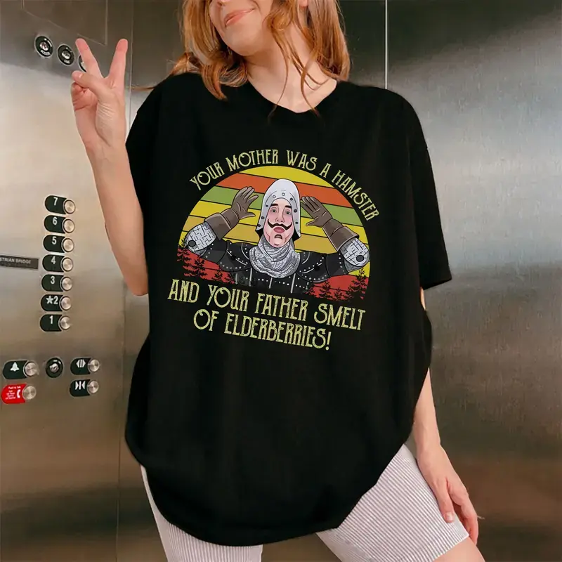 Vintage Monty Python T-Shirt, Your Mother Was A Hamster Quote Graphic, Comfortable Unisex Cotton Short Sleeve Streetwear Top, Tops, Shortsleeve, Women, Casual