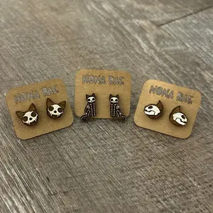 Skeleton Kitty Wooden Earrings