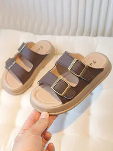 Vintage Casual Kids' Outdoor Flat Slide Sandals, Adjustable Metal Buckle, Thick Sole Anti-Slip, Comfortable Inner Lining, Suitable for Boys and Girls, Adjustable Strap Sandals