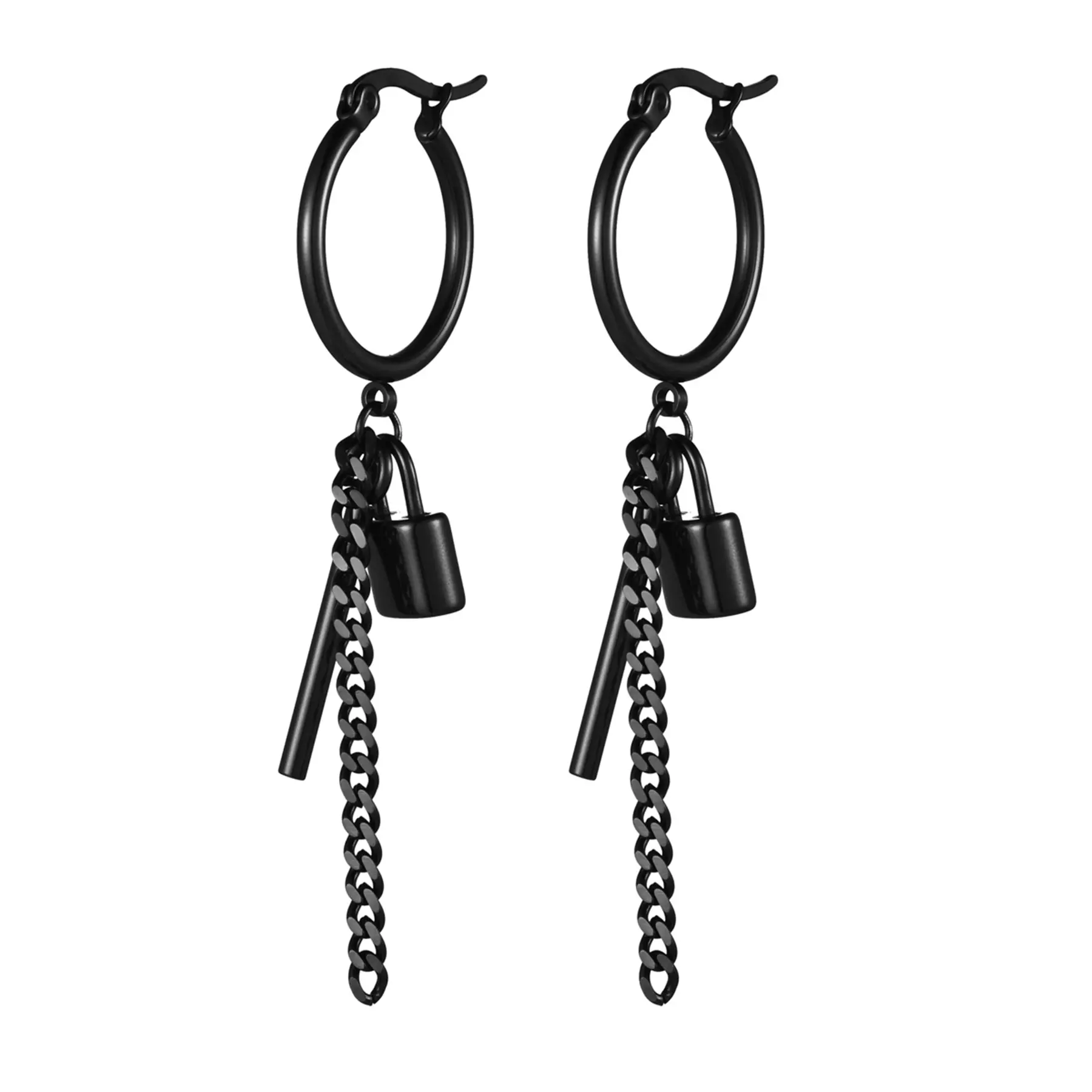 OIDEA Unisex Stainless Steel Lock Motif Tassel Hoop Earrings, 2.56 in Long Dangle, Bold Hip Hop Rap Culture Design, Hip Hop Inspired Streetwear Jewelry, Gift-Ready, Casual, Gift-Ready Outfits, Dangling Earrings